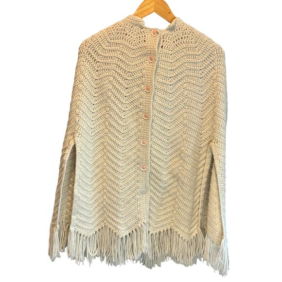 Hand Crocheted Cream Button Front Poncho Sweater - size Medium - Picture 1 of 4